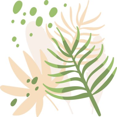 Yapraklar ve soyut şekiller düz bir tarzda botanik bir kompozisyon oluşturur. Organik formlar ve bitki elementleri bu sanat eserinde uyum içinde harmanlanır. Çizgi film vektör illüstrasyonu.