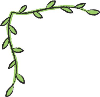 Yapraklı bir sarmaşık, yarım yamalak bir şekilde bir köşe oluşturur. Kıvrımlı dallar ve yapraklar açılı bir sınır oluşturuyor. Çizgi film vektör illüstrasyonu.