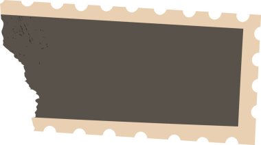 Üzüntülü dokusu ve delikli kenarları olan eski bir grunge yırtık posta pulu. Engebeli sınırları ve yıpranmış bir görünüşü olan eski moda bir posta pulu. Çizgi film vektör illüstrasyonu.