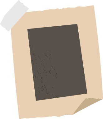 Sert kenarlı ve bant aksanlı grunge fotoğraf çerçevesi. Yaşlanmış kağıt efektleri, dokulu detaylarla dolu merkezi bir boşluk oluşturur. Çizgi film vektör illüstrasyonu.