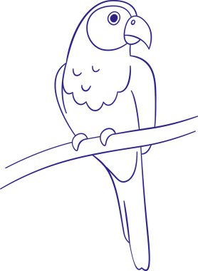 Temiz bir çizim tarzında bir papağan dalın üzerine tünemiş. Kuş pürüzsüz hatlar ve en az ayrıntıyla tasvir edilir. Çizgi film vektör illüstrasyonu.