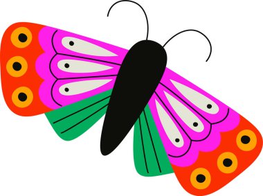 Cesur desenleri ve geometrik şekilleri olan neşeli bir kelebek. Böcek kanatları simetrik tasarımlar ve çarpıcı motifler gösterir. Çizgi film vektör illüstrasyonu.