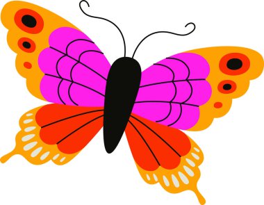 Detaylı kanatları ve çizgi film tarzında kalın desenleri olan canlı bir kelebek. Böcek karmaşık şekiller sergiliyor ve kanatlarında canlı tasarımlar yapıyor. Çizgi film vektör illüstrasyonu.