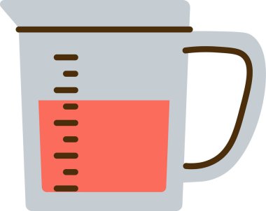 Düz bir şekilde sıvıyla doldurulmuş bir ölçü kabı. Konteynırın sapı ve ölçüm işaretleri var. Çizgi film vektör illüstrasyonu.