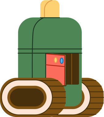 Tank benzeri izleri ve silindirik gövdesi olan çizgi film robotu. Makinenin düğmeleri ve panelleri olan retro-gelecekçi bir tasarımı var. Çizgi film vektör illüstrasyonu.