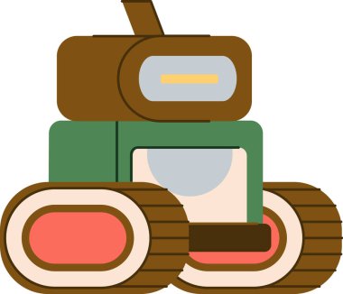 Çizgi film tankı robotu, lastik izleri ve dikdörtgen bir vücudu var. Rayları olan bir robot araç ve eğlenceli bir sanat tarzında bir kutu yapısı. Çizgi film vektör illüstrasyonu.