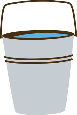 Düz bir şekilde suyla dolu metal bir kova. Konteynırın basit bir sapı ve pürüzsüz bir yüzeyi var. Çizgi film vektör illüstrasyonu.