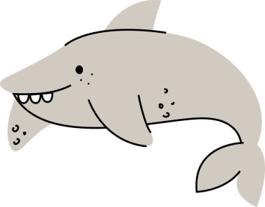 Büyük bir gülümsemesi ve çizgi film tarzında basit çizgileri olan dostane bir köpekbalığı. Oyuncu deniz yaratığı, çok az detay ve neşeli bir ifadeyle resmedilir. Çizgi film vektör illüstrasyonu.