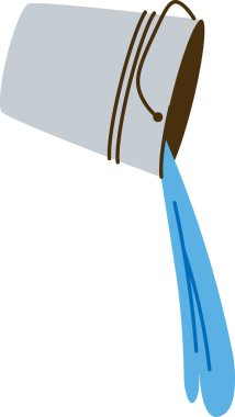 Temiz ve cesur bir şekilde akan suyla eğilmiş metal bir kova. Konteynırdan akışkan akışkan hareketler. Çizgi film vektör illüstrasyonu.