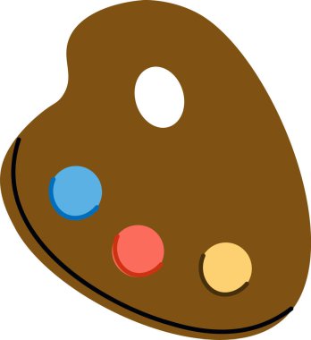 Düz stili üç boya damlası olan ahşap bir palet. Palette dairesel boya lekeleri ve başparmak deliği var. Çizgi film vektör illüstrasyonu.