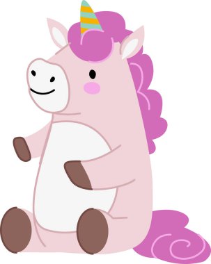 Çizgi film tarzında renkli bir parti şapkası olan neşeli bir tek boynuzlu at. Gülümseyen yaratığın canlı bir yelesi var ve mutlu bir şekilde oturuyor. Çizgi film vektör illüstrasyonu.