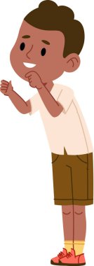 Kısa saçlı ve neşeli bir yüzü olan genç bir çocuk sıradan bir duruşta duruyor. Çocuk hafif bir gömlek ve şort giyiyor, neşeli bir tavır sergiliyor. Çizgi film vektör illüstrasyonu