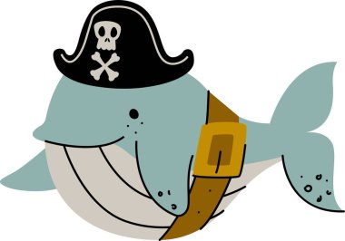 Çizgi film tarzında korsan şapkası ve kemeri olan neşeli bir balina. Balina bir kafatası ve çapraz kemikli şapkayla tasvir edilir, neşeli bir dokunuş eklenir. Çizgi film vektör illüstrasyonu.
