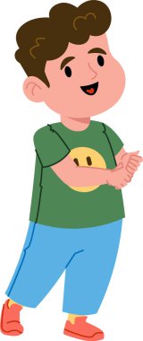 Kıvırcık saçlı, gülümseyen bir gömlek ve parlak pantolon giyen genç bir çocuk ellerini çırpıyor. Çocuk neşeli ve hareketli görünüyor, mutluluk ve heyecanı ifade ediyor. Çizgi film vektör illüstrasyonu.