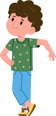 Kıvırcık saçlı genç bir çocuk desenli gömlek ve kot pantolon giyerek gelişigüzel eğiliyor. Çocuk bir eli kalçasında ve rahat bir ifadeyle ayakta duruyor. Çizgi film vektör illüstrasyonu.
