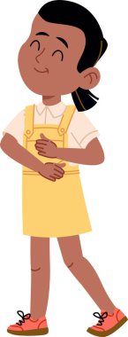 Atkuyruklu genç bir kız tulum ve şen şakrak bir pozda gömlek giyerken gülümsüyor. Karakter onun neşeli ifadesiyle neşe ve güven yayıyor. Çizgi film vektör illüstrasyonu.