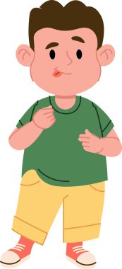 Çizgi film tarzında neşeli bir ifadesi ve günlük kıyafetleri olan genç bir çocuk. Çocuğun yaramaz bir görünüşü var, tişört ve şort giyiyor. Çizgi film vektör illüstrasyonu.