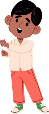 Siyah saçlı, açık renk gömlek ve pantolon giyen neşeli bir çocuk neşeli bir ifadeyle ayakta duruyor. Karakter neşeli bir duruş ve anlamlı bir yüzle canlandırılır. Çizgi film vektör illüstrasyonu.