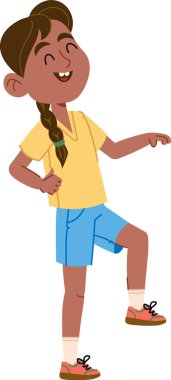 Saçları örgülü gülümseyen bir çocuk tişört ve şort giyerek neşeli bir poz verir. Neşeli çocuk, günlük kıyafetlerle canlı bir duruşla tasvir edilir. Çizgi film vektör illüstrasyonu.