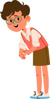 Gözlüklü ve yelekli genç bir çocuk, neşeli bir çizgi film tarzında çizilmiş, sıcacık gülümsüyor. Çocuk hafifçe öne eğiliyor, dostluk ve çekicilik yayıyor. Çizgi film vektör illüstrasyonu.