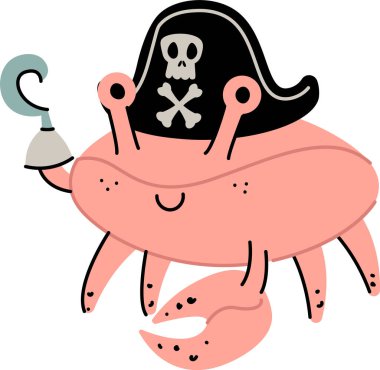 Korsan şapkası takan neşeli bir yengeç ve neşeli bir çizgi film tarzında kanca elli. Gülümseyen kabuklu deniz hayvanı, kafatası süslenmiş bir şapka ve metal bir kanca. Çizgi film vektör illüstrasyonu.