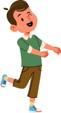 Günlük giysiler içinde gülümseyen bir çocuk neşeli bir çizgi film tarzında ileri doğru yürür. Çocuk hareketli bir ifade ve canlı bir duruş ile enerjik hareket eder. Çizgi film vektör illüstrasyonu.