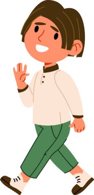 Komik bir çizgi film tarzında yürürken kısa saçlı neşeli bir çocuk. Çocuk günlük giysiler giyiyor ve neşe ve dostluk yayıyor. Çizgi film vektör illüstrasyonu.