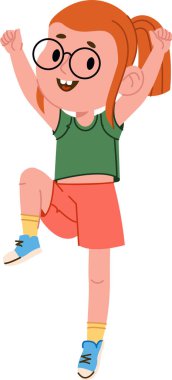 Gözlüklü ve at kuyruklu genç bir kız enerjik bir şekilde hareketli bir poz veriyor. Çocuk günlük kıyafetler giyiyor ve neşeli bir ifade sergiliyor. Çizgi film vektör illüstrasyonu.