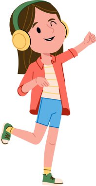 Genç bir kız neşeli bir çizgi film tarzında kulaklıkla neşeyle dans ediyor. O, mutluluk ve enerji saçan bir hareketin ortasında tasvir edilir. Çizgi film vektör illüstrasyonu.
