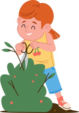 Kızıl saçlı bir çocuk, bir çalıyı makasla neşeli bir çizgi film tarzıyla buduyor. Genç bahçıvan neşeli bir sahnede dalları keserken gülümsüyor. Çizgi film vektör illüstrasyonu.