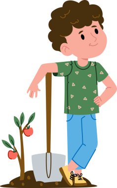 Genç bir çocuk çizgi film tarzında küçük bir elma ağacının yanındaki küreğe yaslanıyor. Çocuk elinde bir bahçe aleti olan fidanın yanında güven içinde duruyor. Çizgi film vektör illüstrasyonu.