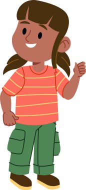 At kuyruklu ve çizgili tişörtlü neşeli bir çocuk şakacı bir şekilde başparmağını kaldırır. Çocuk kargo pantolonu giyiyor ve dostça bir hareketle gülümsüyor. Çizgi film vektör illüstrasyonu.