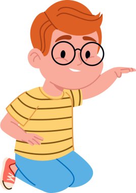 Gözlüklü neşeli bir çocuk çizgi film tarzında çizilmiş neşeli bir duruşta diz çöker ve jestler yapar. Çocuk çizgili bir gömlek ve spor ayakkabı giyiyor, dostane bir tavır sergiliyor. Çizgi film vektör illüstrasyonu.