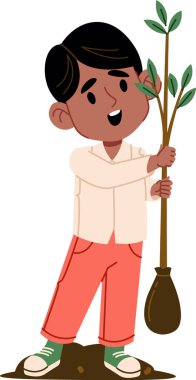 Genç bir çocuk çizgi film tarzında bir fidanı neşeyle tutuyor. Çocuk coşkuyla ekme faaliyetlerine girişir. Çizgi film vektör illüstrasyonu.