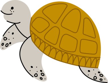 Çizgi film tarzında desenli kabuklu ve benekli yüzgeçli neşeli bir kaplumbağa. Kaplumbağaların mutlu ifadesi ve eşsiz kabuk tasarımı neşeli bir hava yaratıyor. Çizgi film vektör illüstrasyonu.