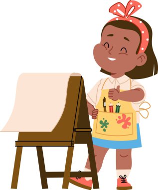 Genç bir kız resim malzemelerini önlüğünün içinde, neşeli bir çizgi film tarzında çizerek sehpada mutlu bir şekilde duruyor. Gülümseyen çocuk ressam fırça ve kağıtla resim yapmaya hazır. Çizgi film vektör illüstrasyonu.