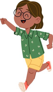 Neşeli, gözlüklü, neşeli bir kız çocuğu enerjik bir şekilde koşuyor. Çocuk desenli bir gömlek ve şort giyiyor, mutluluk ve hareket yayıyor. Çizgi film vektör illüstrasyonu.