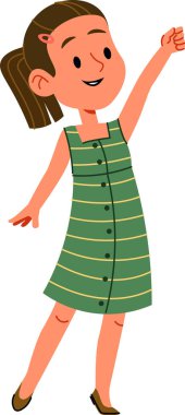 Çizgili elbiseli, atkuyruklu neşeli bir kız ve oyuncu bir pozla kolunu kaldırıyor. Genç karakter neşeli bir ifadeyle neşeli bir şekilde tasvir edilir. Çizgi film vektör illüstrasyonu.