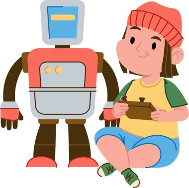 Günlük giysiler içindeki bir çocuk uzaktan kumandalı bir robotla oturur, eğlenceli bir çizgi film tarzında çizilir. Robot, kontrol cihazını tutan çocuğun yanında duruyor. Çizgi film vektör illüstrasyonu.