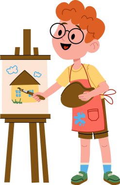 Gözlüklü bir çocuk bir sehpanın üzerine neşeli bir tarzda bir ev boyar. Oğlan bir önlük takıyor ve sanat eserlerine gülümserken palet tutuyor. Çizgi film vektör illüstrasyonu.