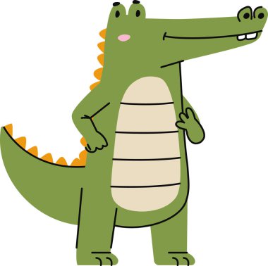 Çizgi film tarzında neşeli pozlar veren gülümseyen bir timsah. Timsahın dostça bir ifadesi ve basit çizgileri vardır. Çizgi film vektör illüstrasyonu.