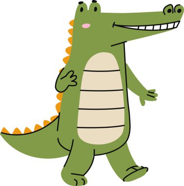 Neşeli bir timsah, büyük bir gülümseme ve turuncu dikenler ile oyuncu bir şekilde dik yürür. Dost canlısı sürüngenin yuvarlak bir vücudu ve anlamlı gözleri vardır. Çizgi film vektör illüstrasyonu.