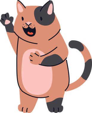 Gözlerinde yama olan bir çizgi film kedisi neşeli bir şekilde mutlu bir şekilde dalgalanıyor. Kedi karakteri neşeli bir ifadeyle canlandırılır ve pençe kaldırılır. Çizgi film vektör illüstrasyonu.