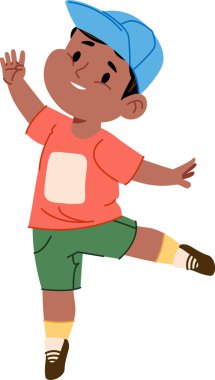 Şapkalı neşeli bir çocuk gündelik kıyafetlerle enerjik bir şekilde dans eder. Çocuk tek ayağı üzerinde, parlak bir gömlek ve şort giyerek neşeyle dengede duruyor. Çizgi film vektör illüstrasyonu.