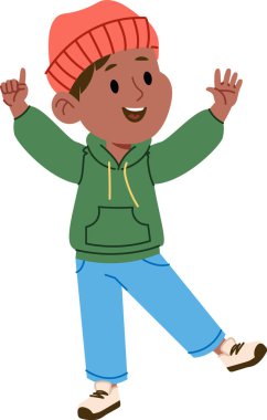 Kapüşonlu ve bereli kotlu neşeli bir çocuk heyecanla ellerini kaldırıyor. Çocuk hareketli bir şekilde geniş bir gülümseme ve neşeli bir duruşla poz veriyor. Çizgi film vektör illüstrasyonu.