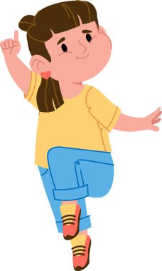 Atkuyruklu neşeli bir çocuk günlük kıyafetlerle enerjik bir şekilde dans eder. Oyuncu duruş bir eğlence ve hareket hissi yakalar. Çizgi film vektör illüstrasyonu.