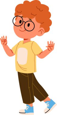 Çizgi film tarzında çizilmiş kıvırcık saçlı ve gözlüklü gülümseyen bir çocuk. Çocuk günlük giysiler ve spor ayakkabılar giyiyor, neşeli bir tavır sergiliyor. Çizgi film vektör illüstrasyonu.