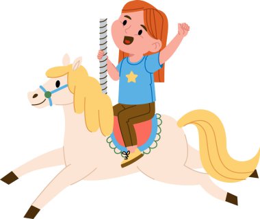Neşeli bir çocuk, neşeli bir çizgi film tarzında kollarını kaldırmış atlı bir ata biner. Çocuk dekoratif bir atın üzerinde otururken yıldız tişörtü giyiyor. Çizgi film vektör illüstrasyonu.