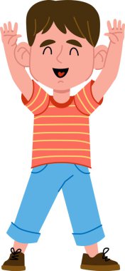 Çizgili gömlek ve kot pantolon giymiş kollarını kaldırmış neşeli bir çocuk. Çizgi film tarzında çizilmiş. Gülümseyen çocuk elleri ve kahverengi ayakkabılarıyla enerjik bir şekilde ayakta duruyor. Çizgi film vektör illüstrasyonu.