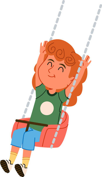 A child with curly hair swings joyfully in a seat, drawn in a playful cartoon style. The kid smiles widely while holding onto the swing chains. Cartoon vector illustration.